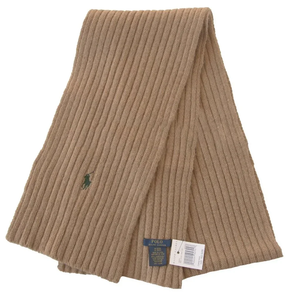 NEW Polo Ralph Lauren Ribbed Scarf! Tan With Green Signature Polo Player Wool